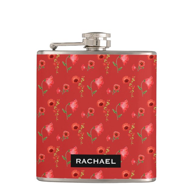 Pretty Red Poppies Pattern Personalised Flachmann (Vorderseite)