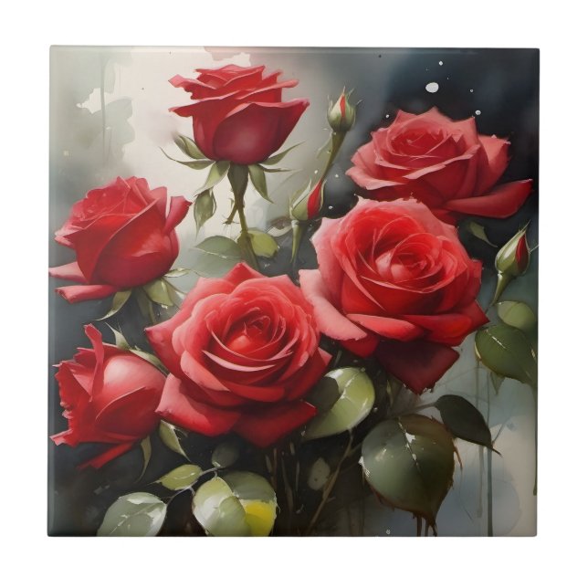Pretty red roses watercolor painting fliese (Vorderseite)