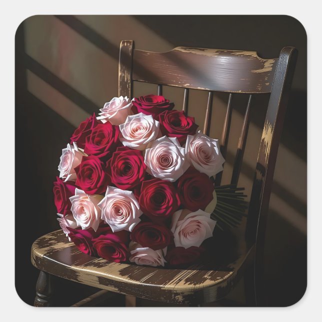 Pretty Roses on a Rustic Chair   Quadratischer Aufkleber (Vorderseite)