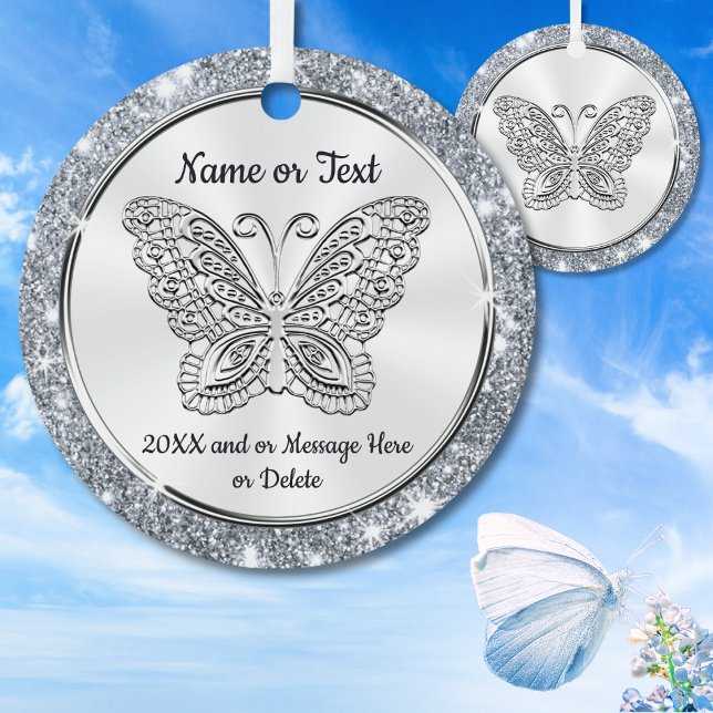 Pretty Silver, Butterfly Christmas Tree Keramik Ornament (Butterfly Christmas Ornament. Butterfly Memorial Ornament. Personalized Butterfly Ornaments. Gifts.)