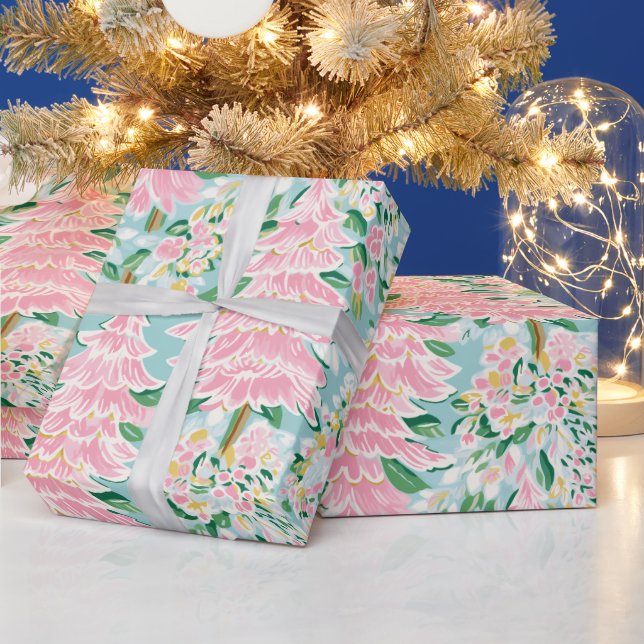 Pretty Soft Pastel Pink & Teal Pine Trees Holiday  Geschenkpapier (Feiertage)