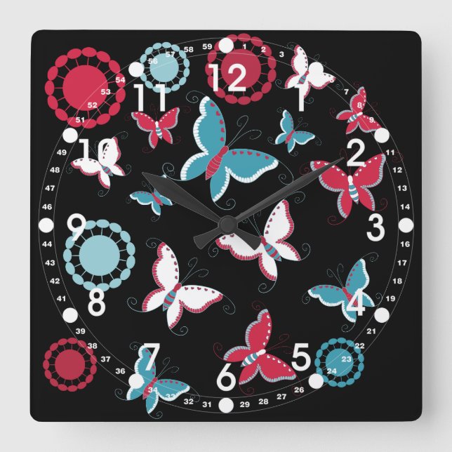 Pretty Spring Pink Blue Butterflies for Girls Quadratische Wanduhr (Vorderseite)