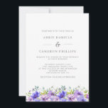 Pretty Violet Floral Wreath Wedding Invitation Einladung<br><div class="desc">A pretty wedding invitation featuring a bottom border of watercolor violet flowers and green leaves. The reverse features a pattern of violet flowers.</div>