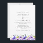Pretty Violet Floral Wreath Wedding Invitation Einladung<br><div class="desc">A pretty wedding invitation featuring a bottom border of watercolor violet flowers and green leaves. The reverse features a pattern of violet flowers.</div>