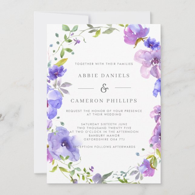 Pretty Violet Floral Wreath Wedding Invitation Einladung (Vorderseite)