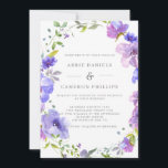 Pretty Violet Floral Wreath Wedding Invitation Einladung<br><div class="desc">A pretty wedding invitation featuring a watercolor oval wreath of violet flowers and green leaves. The reverse features a pattern of violet flowers.</div>