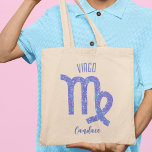 Pretty Virgo Purple Astrology Sign Personalized Tragetasche<br><div class="desc">This pretty,  personalized purple and lavender Virgo tote bag features your astrological sign from the Zodiac in a beautiful sparkle like the constellations. Customize this cute gift with your name in beautiful cursive script for someone with a late August or early September birthday.</div>