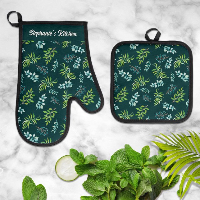 Pretty Watercolor Dark Floral Personalized  Ofenhandschuh & Topflappen-Set (Von Creator hochgeladen)
