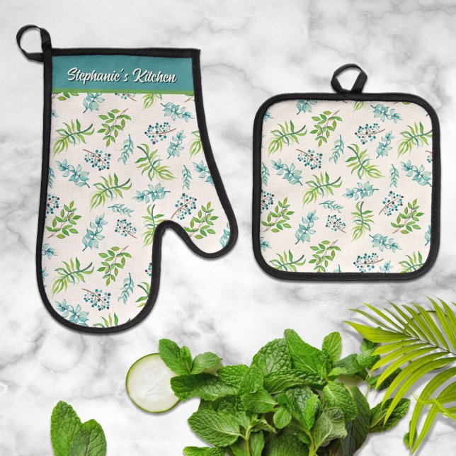 Pretty Watercolor Floral Personalized  Ofenhandschuh & Topflappen-Set (Von Creator hochgeladen)