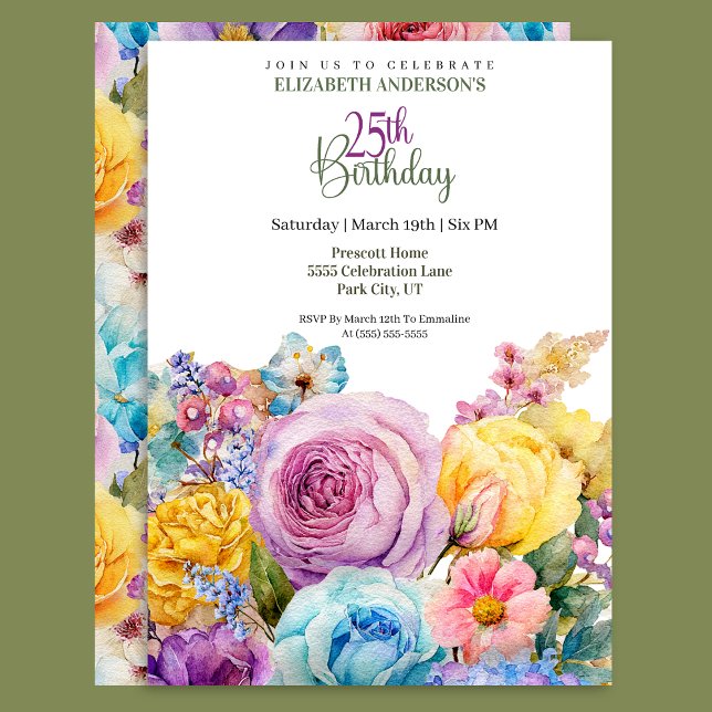 Pretty Watercolor Spring Floral 25th Birthday Einladung (Von Creator hochgeladen)