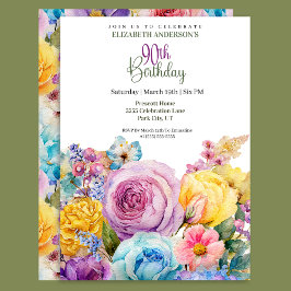 Pretty Watercolor Spring Floral 90th Birthday Einladung