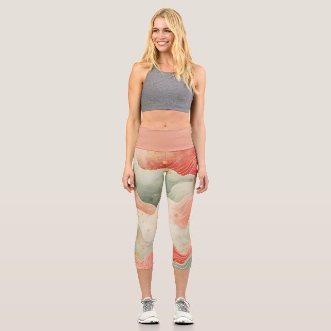 Pretty Watercolor Swirls Red/Green/Gold design  Capri Leggings (Vorderseite)