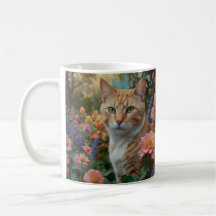 Pretty white orange cat in floral garden