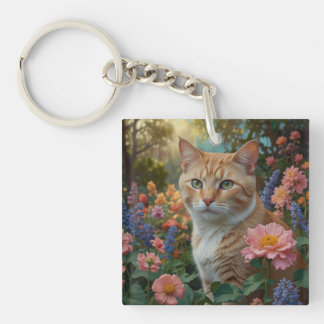 Pretty white orange cat in floral garden schlüsselanhänger