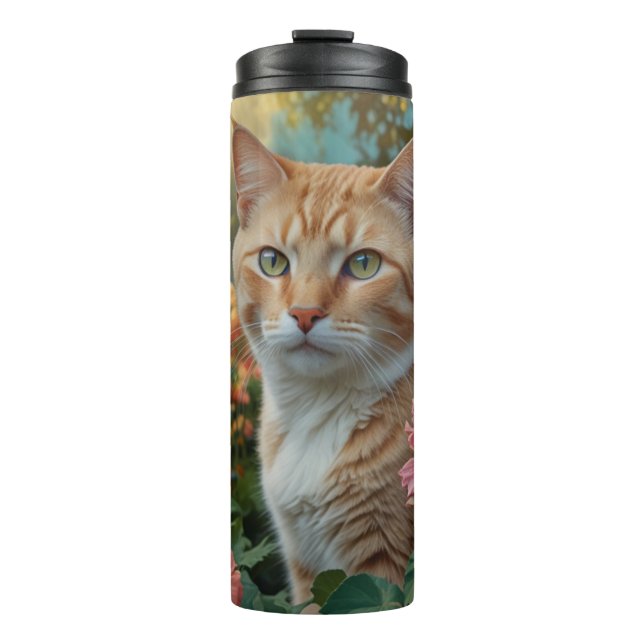 Pretty white orange cat in floral garden thermosbecher (Vorderseite)