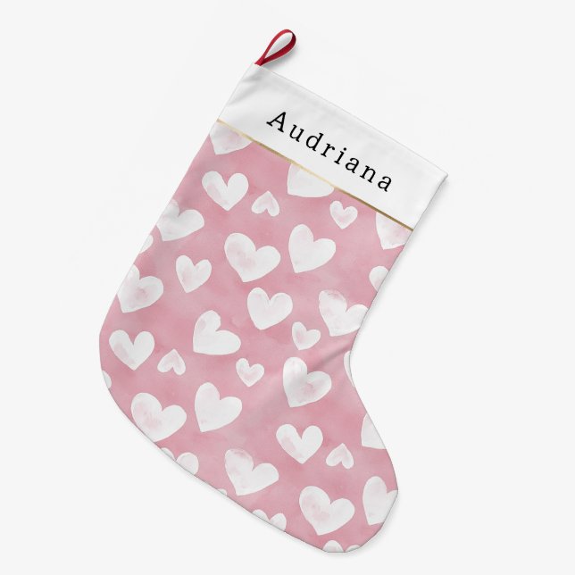 Pretty White Pink Hearts Christmas Großer Weihnachtsstrumpf (Vorderansicht (hängend))