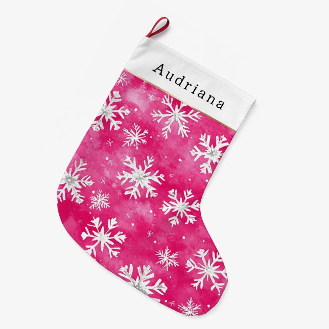 Pretty White Pink Silver Snowflakes Christmas Großer Weihnachtsstrumpf (Vorderansicht (hängend))
