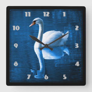 Pretty white swan floating on blue lake quadratische wanduhr