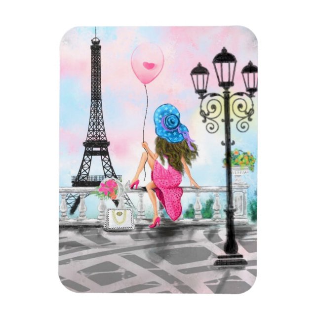 Pretty Woman and Pink Heart Balloon - I Love Paris Magnet (Vertikal)