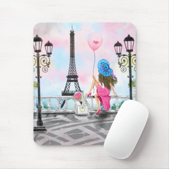 Pretty Woman and Pink Heart Balloon - I Love Paris Mousepad (Mit Mouse)
