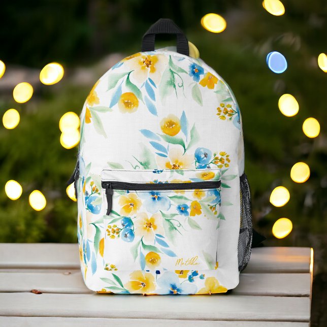 Pretty yellow blue wild flower name floral pattern bedruckter rucksack (Pretty yellow blue wild flower name floral pattern printed backpack)