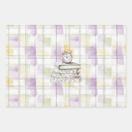 Pretty Yellow Purple Floral Books Clock Birthday Geschenkpapier Set