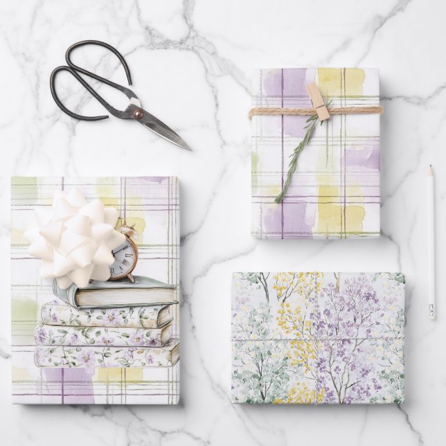 Pretty Yellow Purple Floral Books Clock Birthday Geschenkpapier Set (Vorderseite)