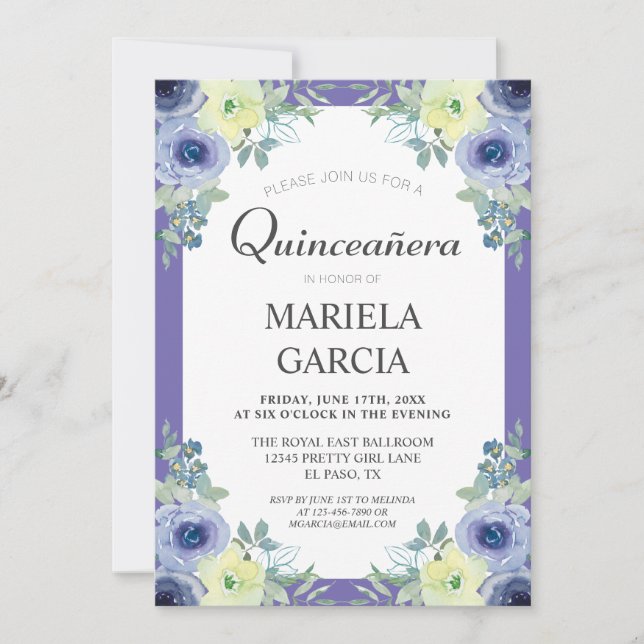 Pretty Yellow Purple Floral Quinceañera Birthday   Einladung (Vorderseite)