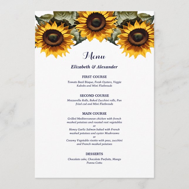 Pretty Yellow sunflowers wedding Menükarte (Vorderseite)