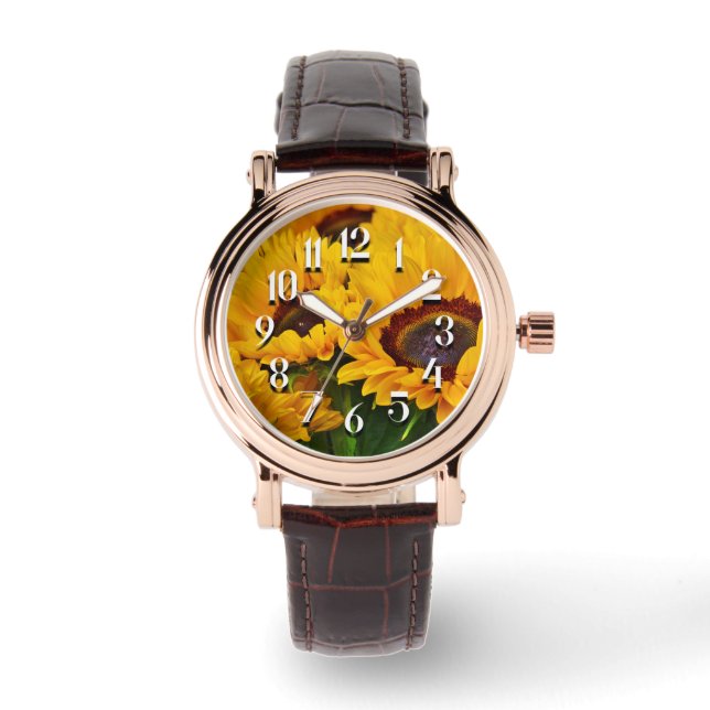 PrettyOrange und Gelbe Sonnenblume Armbanduhr (Vorderseite)