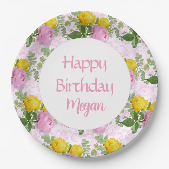 PrettyPink Yellow Roses Happy Birthday Floral Pappteller (Vorderseite)