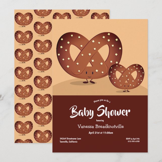 Pretzel Baby Dusche Braun Feinschmecker Niedlicher Einladung (Vorne/Hinten)