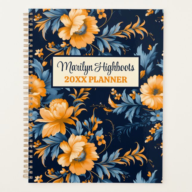Preußisch Blau, Orange und Senf Floral Planer (Vorderseite)