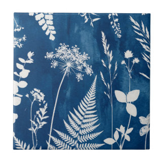 Preußisch Indigo Blau Cyanotyp Farn Botanische Kun Fliese