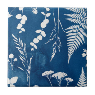Preußisch Indigo Blau Cyanotyp Farn Botanische Kun Fliese