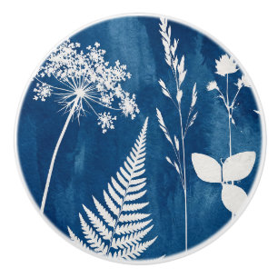 Preußisch Indigo Blau Cyanotyp Farn Botanische Kun Keramikknauf