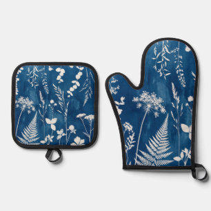 Preußisch Indigo Blau Cyanotyp Farn Botanische Kun Ofenhandschuh & Topflappen-Set
