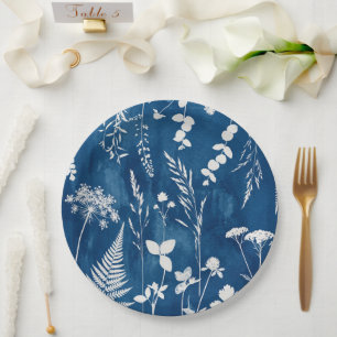 Preußisch Indigo Blau Cyanotyp Farn Botanische Kun Pappteller