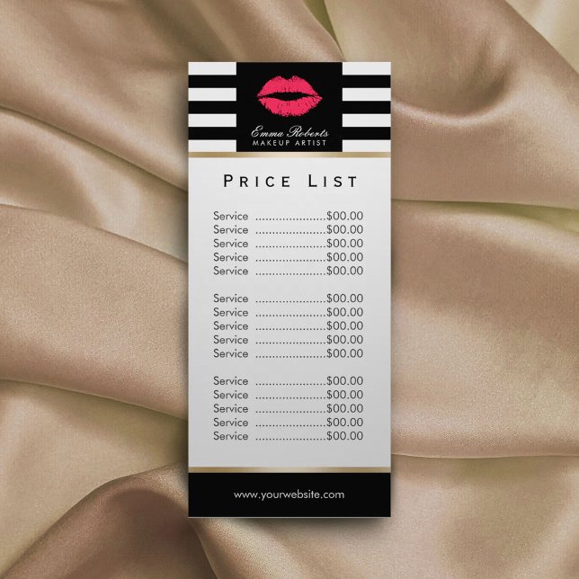 Price List | Makeup Artist Red Lips Modern Stripes Werbekarte (Von Creator hochgeladen)