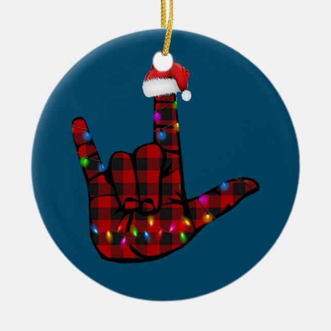 Pride ASL Frohe Weihnachtssprache Red Kariert Keramik Ornament (Vorne)