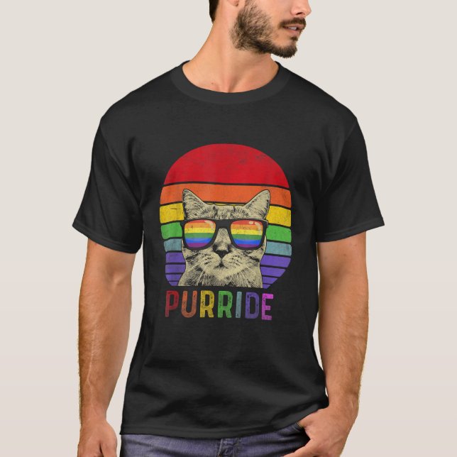 Pride Cat Purride Gay LGBTQ Regenbogenflagge Retro T-Shirt (Vorderseite)