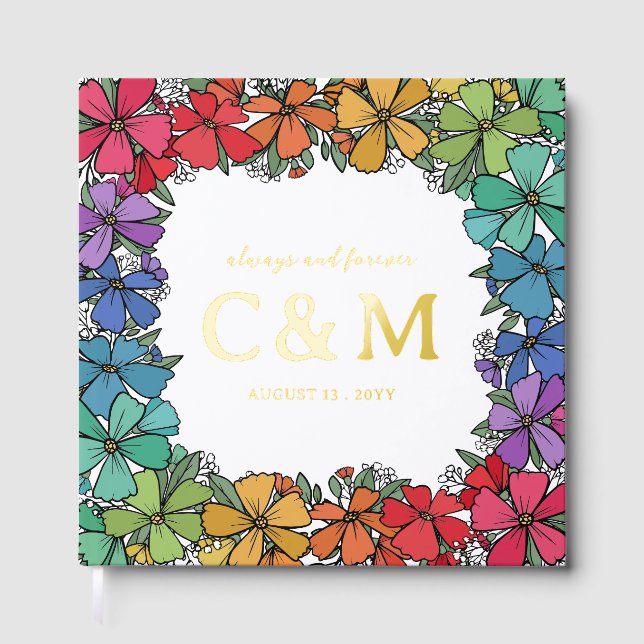 Pride Rainbow Floral Wreath Gold LGBTQ Hochzeit Gästebuch (Vorderseite)