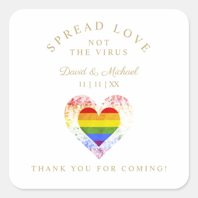 Pride Rainbow Heart Lesbian Gay Wedding Sanitizer Quadratischer Aufkleber (Vorderseite)
