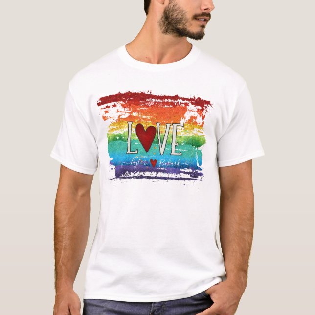 Pride Rainbow Heart Liebe Glitzer Personalisiert N T-Shirt (Vorderseite)