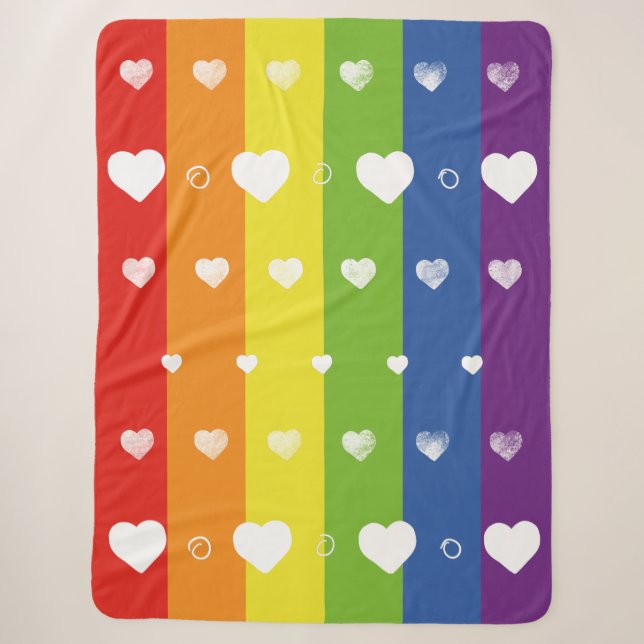 Pride Rainbow | Weiße Herzen | Sherpa Blanket Sherpadecke (Vorderseite)