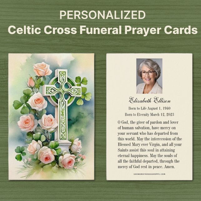 Prière commémorative catholique de Croix celtique (Irish Celtic Cross with Peach Roses Catholic Funeral Memorial Prayer Cards)