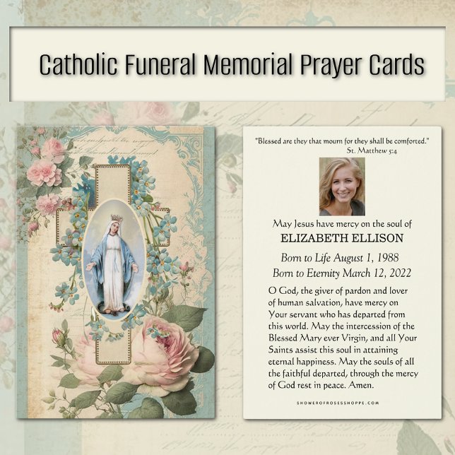 Prière commémorative catholique Vierge Marie (Vintage Catholic Funeral Memorial Prayer Cards with Our Lady of Grace)