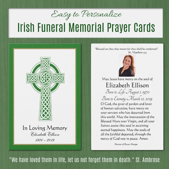 Prière commémorative de Croix celtique verte (Irish Traditional Classic Funeral Memorial Prayer Cards )