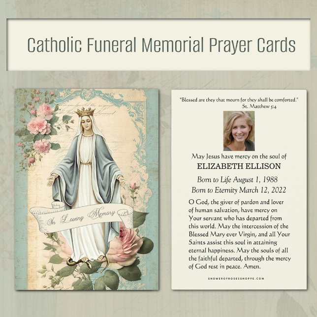 Prière commémorative vintage Vierge Marie (Traditional Catholic Vintage Funeral Memorial Prayer Card with Our Lady of Grace)