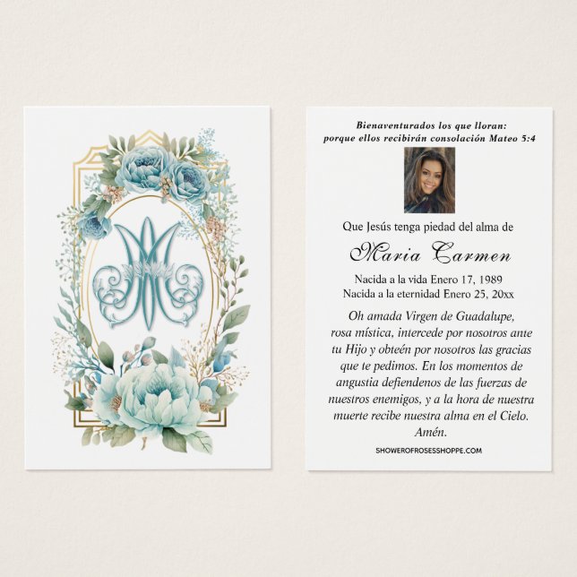 Prière funéraire espagnole Florale Bleue (Devant & derrière)